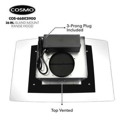 COSMO COS-668ICS900 36 in. Lumin Collection 380 CFM Ducted Island Range Hood, Soft Touch Controls, LED Lights, Stainless Steel