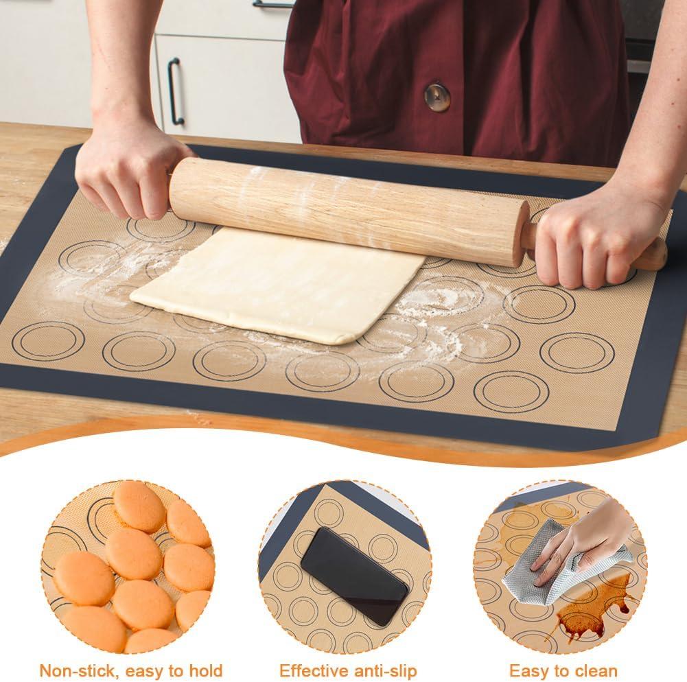 16Pcs Macaron Silicone Baking Mats Kit, Reusable Nonstick Macarons Baking Supplies Silicone Bakeware Mats with Baking Tools for Oven, Cookie, Bread(Brown,Size:16.5x11.6inch)