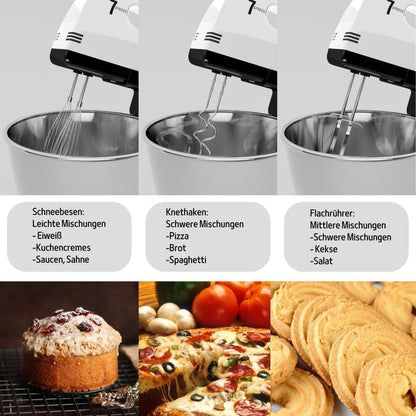 Stand Mixers, 7 Speeds With 3QT Stainless Steel Bowl, Stand and Hand Mixer with Dough Hook, Whisk, Mixing Beater for Baking, Cake, Cookie, Kneading (OP5)