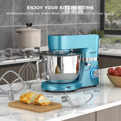 Stand Mixer, POWWA 7.5 QT Electric Mixer, 6+P Speed 660W Household Tilt-Head Kitchen Food Mixers with Whisk, Dough Hook, Mixing Beater & Splash Guard for Baking, Cake, Cookie, Kneading (Blue)