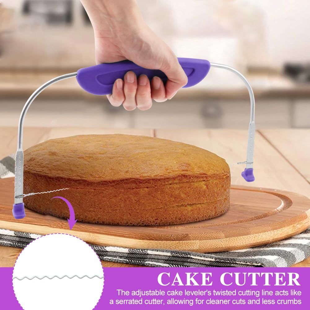 JIANWEI Adjustable Cake Leveler and Scraper Set, 4pcs Decorating Kit, Large Size Slicer, Decorating Comb, Pastry Cutter for Mousse Butter Cream (Purple)