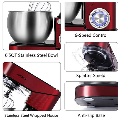 Stand Mixer, CUSIMAX 6.5QT Stainless Steel kitchen Electric Mixer 6-Speeds Tilt-Head Dough Mixers for Home Use with Dough Hook, Wire Whisk & Flat Beater, Splash Guard, Red