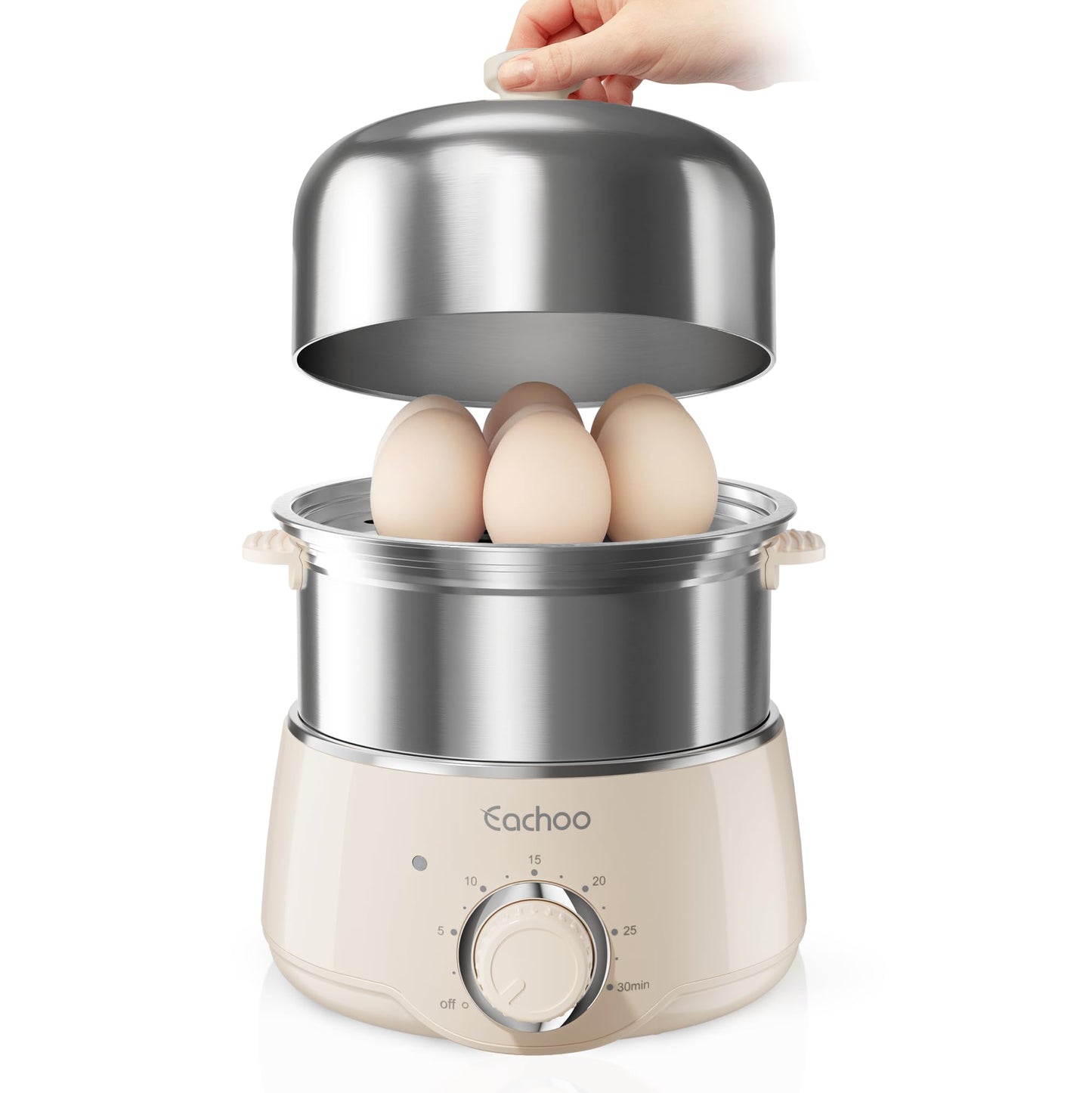 Hard Boiled Egg Cooker - CACHOO 14-Egg Rapid Stainless Steel Egg Boiler with 30-Min Timer & Auto Shut Off, Compact Electric Vegetable Steamer for Cooking, Dishwasher Safe, Beige