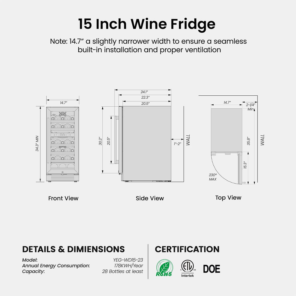 Yeego Wine Fridge Dual Zone 15 Inch, 28 Bottles Wine Cool Refrigerator with Glass Door & Safety Lock, Built-in/Freestanding/Under Counter, Perfect for Home & Kitchen