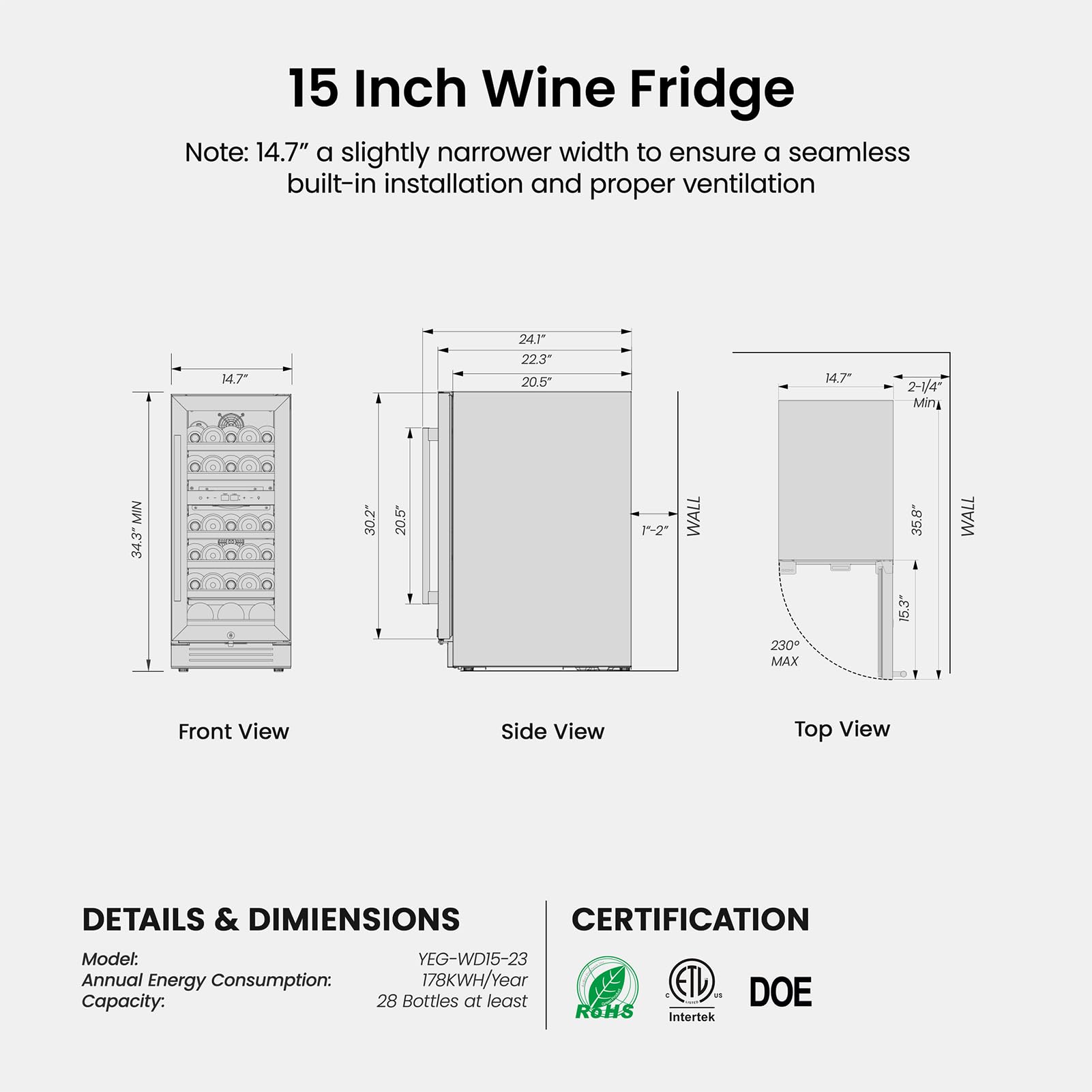 Yeego Wine Fridge Dual Zone 15 Inch, 28 Bottles Wine Cool Refrigerator with Glass Door & Safety Lock, Built-in/Freestanding/Under Counter, Perfect for Home & Kitchen