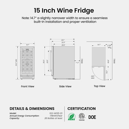 Lodówka do wina Yeego, podwójna strefa, 15 cali, 28 butelek, chłodziarka do wina ze szklanymi drzwiami i blokadą bezpieczeństwa, wbudowana/wolnostojąca/pod blatem, idealna do domu i kuchni