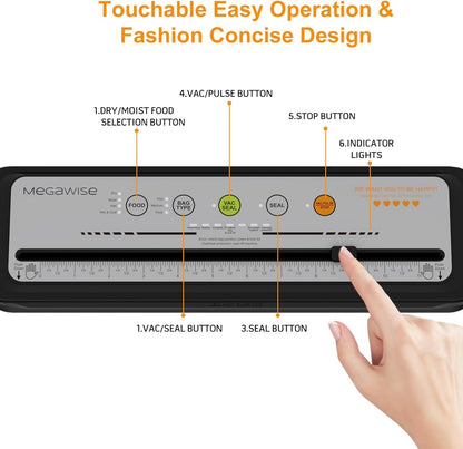 2023 Updated Vacuum Sealer Machine, MEGAWISE Food Sealer w/Starter Kit, Dry & Moist Food Modes, Compact Design with 10 Vacuum Bags & Bulit-in Cutter(Grey)