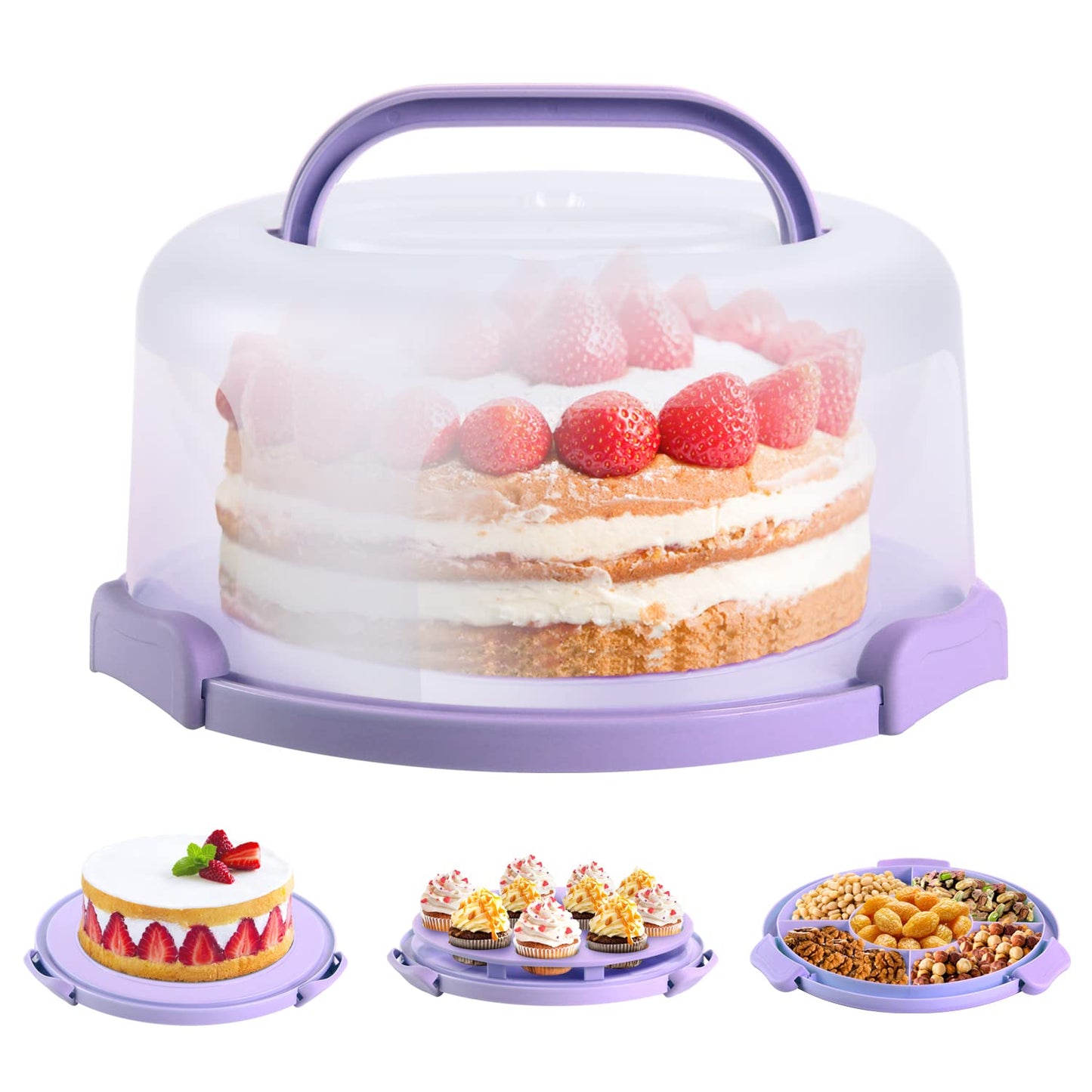 Ohuhu Cake Carrier with Lid and Handle, BPA-Free Cake Containers Cake Holder for 10 inch Cake with 2 Handles Cupcake Carrier - Plastic Cover Two Sided Base for Transport Pies Nuts Fruit Perfect Gifts