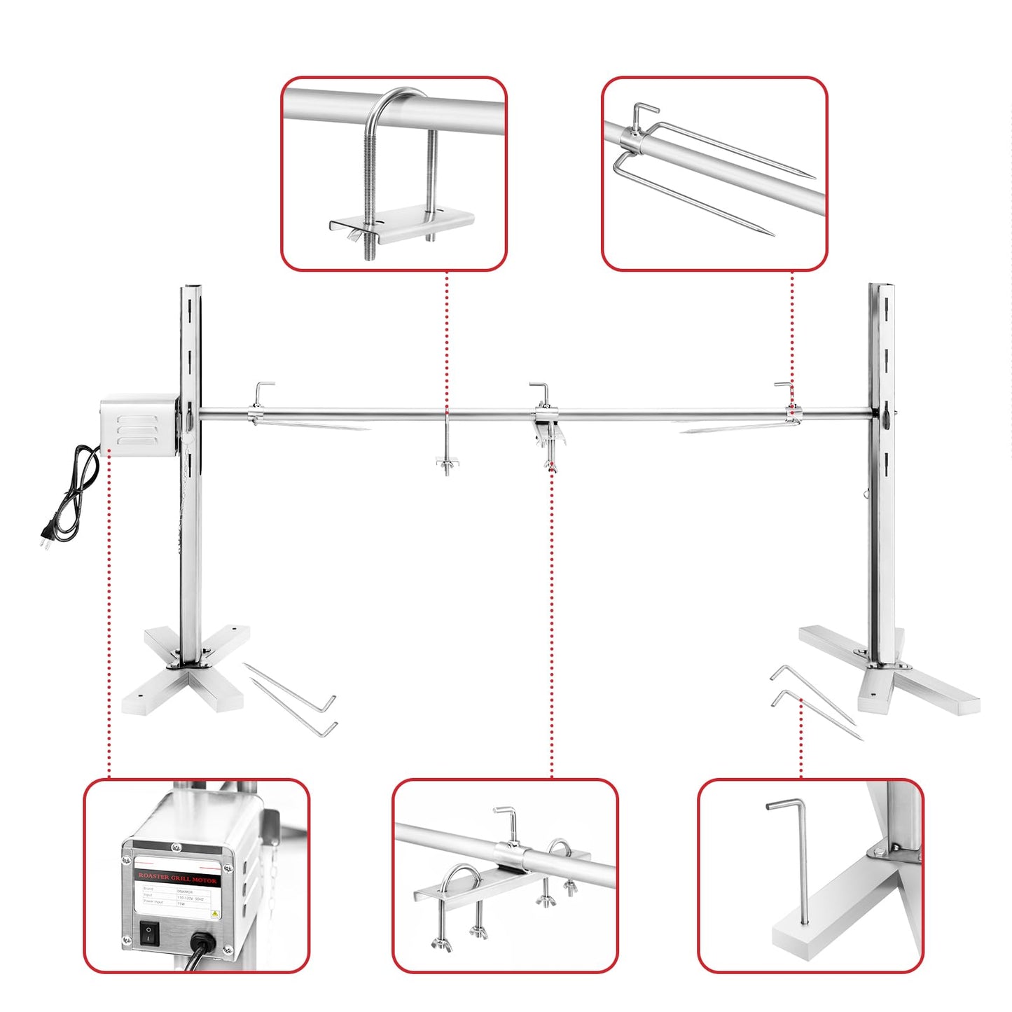 Kendane Electric rotisserie Grill Kit,90LBS Pig Spit Rotisserie Grill Stainless Steel Tripod Rotisserie Stand, 52” Pig Lamb Hooded Roaster Charcoal Spit with 15W Motor & Height Adjustable for Camping