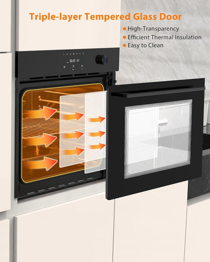 Single Wall Oven 24" Built-In Electric Ovens With 8 Cooking Modes, 108 Smart Recipes, 3000W, 240V, 2.5Cu.f Convection Fan Wall Oven In With Steam, Grill - Air Frying Mode, Tft Display, Stainless Steel