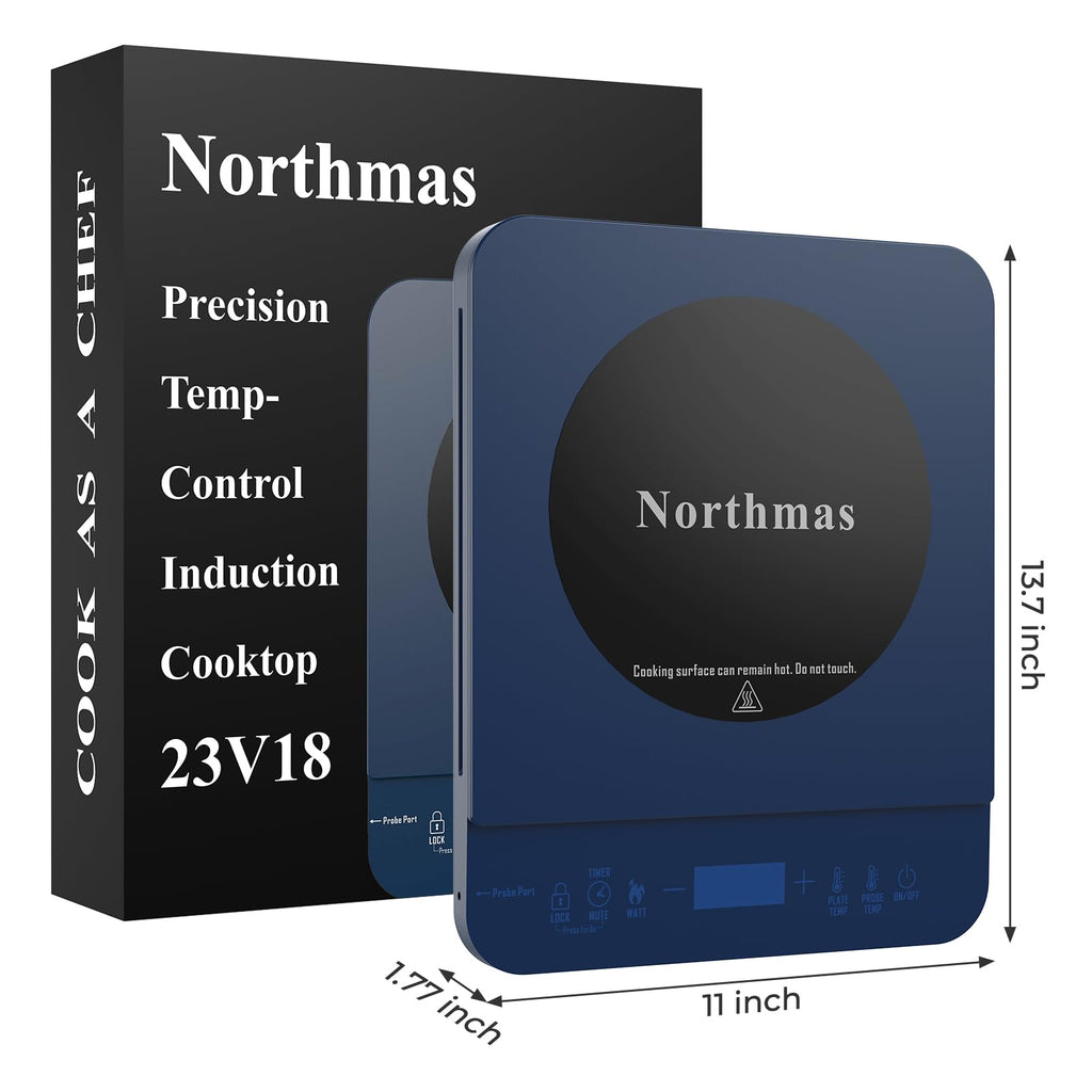 Індукційна варильна поверхня Northmas, портативна індукційна варильна поверхня з прецизійним цифровим зондом, 3 режими приготування з точним регулюванням температури ±5℉ та ±100 Вт, склокерамічна плита, турбовентилятор