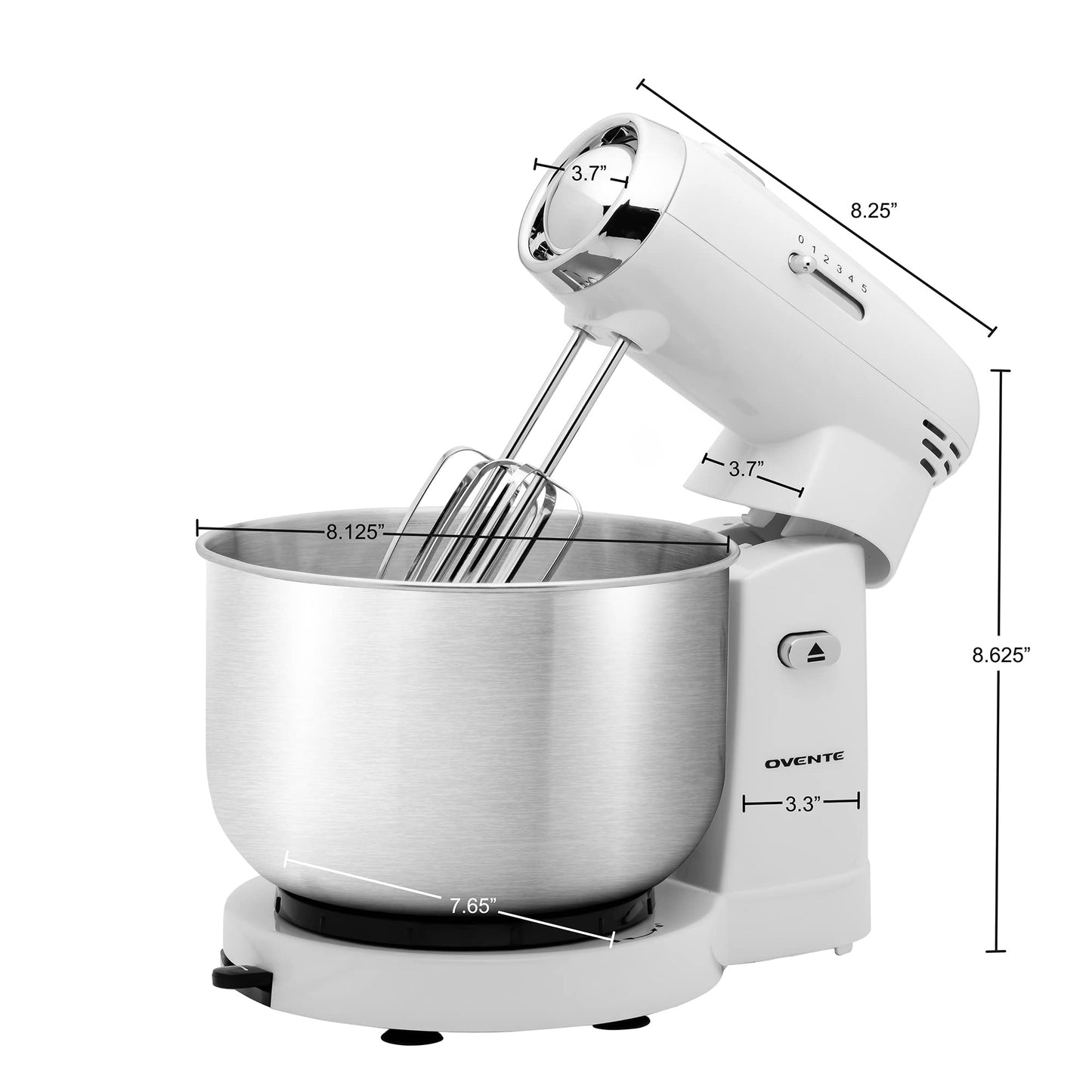 OVENTE Electric Kitchen Stand Mixer with 3.5-Quart Removable Stainless Steel Mixing Bowl, 5 Speed Control, 250-Watt Power, 2 Blender Attachment Egg Beater Whisk & Dough Hook White SM680W