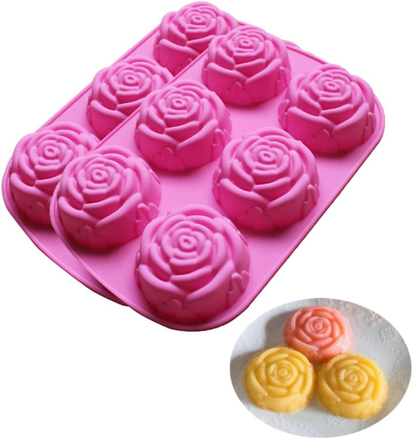 Silicone Mold for Handmade Soap Cake Jelly Pudding Chocolate 6 Cavity Rose Flower Design, Set of 2 Pink