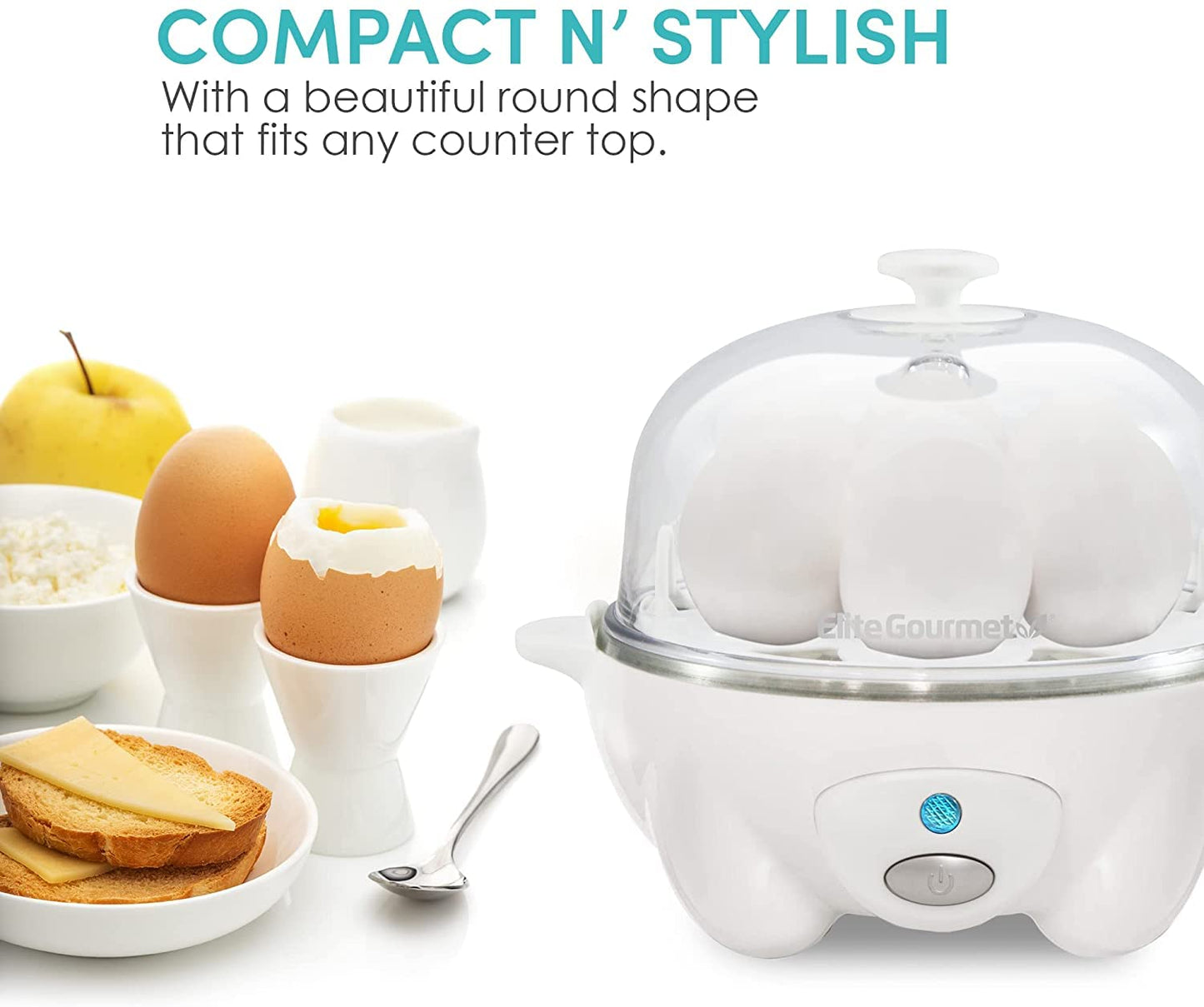 Elite Gourmet EGC-007## Rapid Egg Cooker, 7 Easy-To-Peel, Hard, Medium, Soft Boiled Eggs, Poacher, Omelet Maker, Auto Shut-Off, Alarm, 16-Recipe Booklet, White