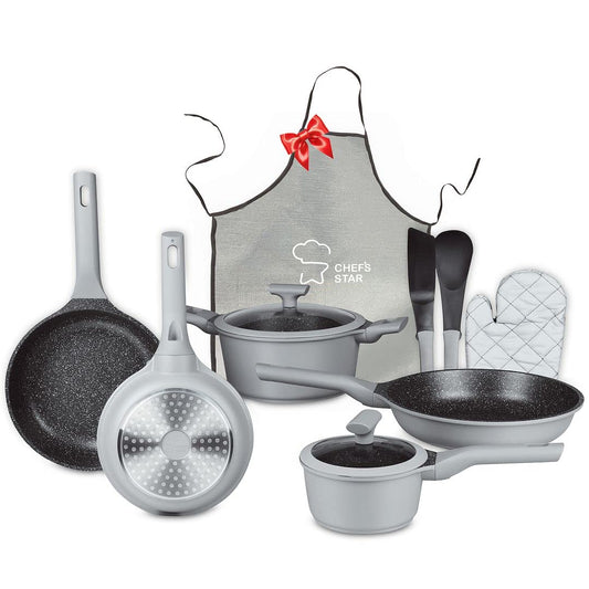 Chef's Star Nonstick Pots and Pans Set, Aluminum Kitchen Cookware Set with Silicone Handle, Nonstick Frying Pans, Cooking Essentials, Includes Oven Gloves and Apron, (Gray)