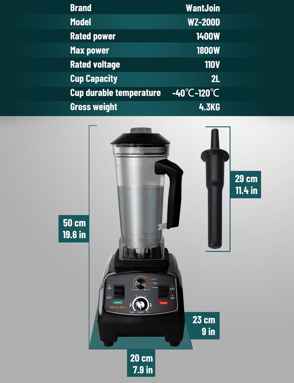 WantJoin Profesjonalny blender, Blender blatowy, Blender kuchenny Max 1800 W Wysokiej mocy domowy i komercyjny blender z timerem, Smoothie Maker 2200 ml do kruszenia lodu, mrożonych deserów, zup, ryb