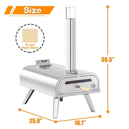 BIG HORN OUTDOORS 16 Inch Wood Pellet Burning Pizza Oven Pellet Pizza Stove, Portable Stainless Steel Pizza Oven with Pizza Stone for Outdoor Backyard Pizza Maker Garden Kitchen