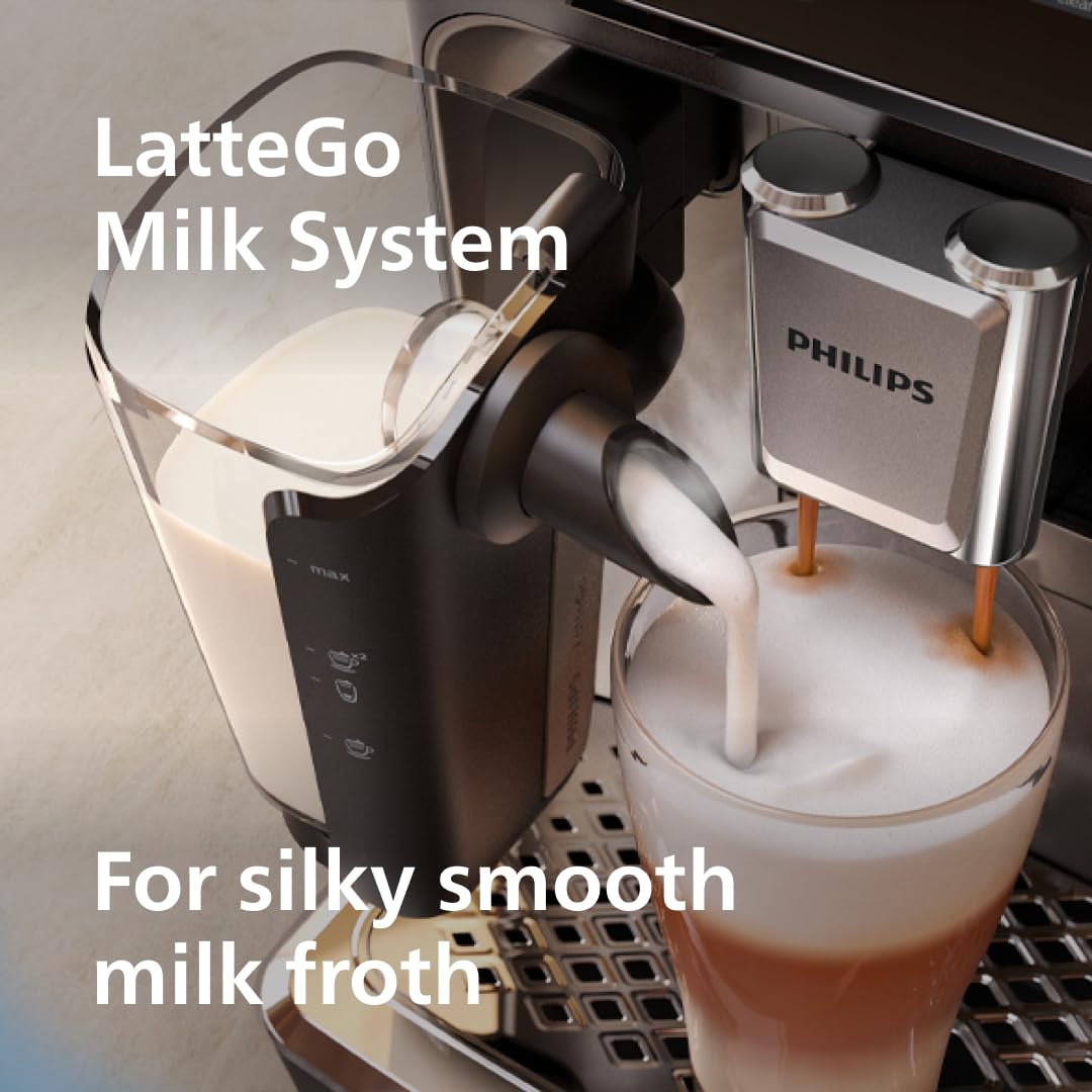 PHILIPS 4400 Series Fully Automatic Espresso Machine – 12 Hot & Iced Coffees, Quick-to-Clean LatteGo Milk System, SilentBrew, QuickStart, Ceramic Grinder, Black Chrome (EP4444/90)