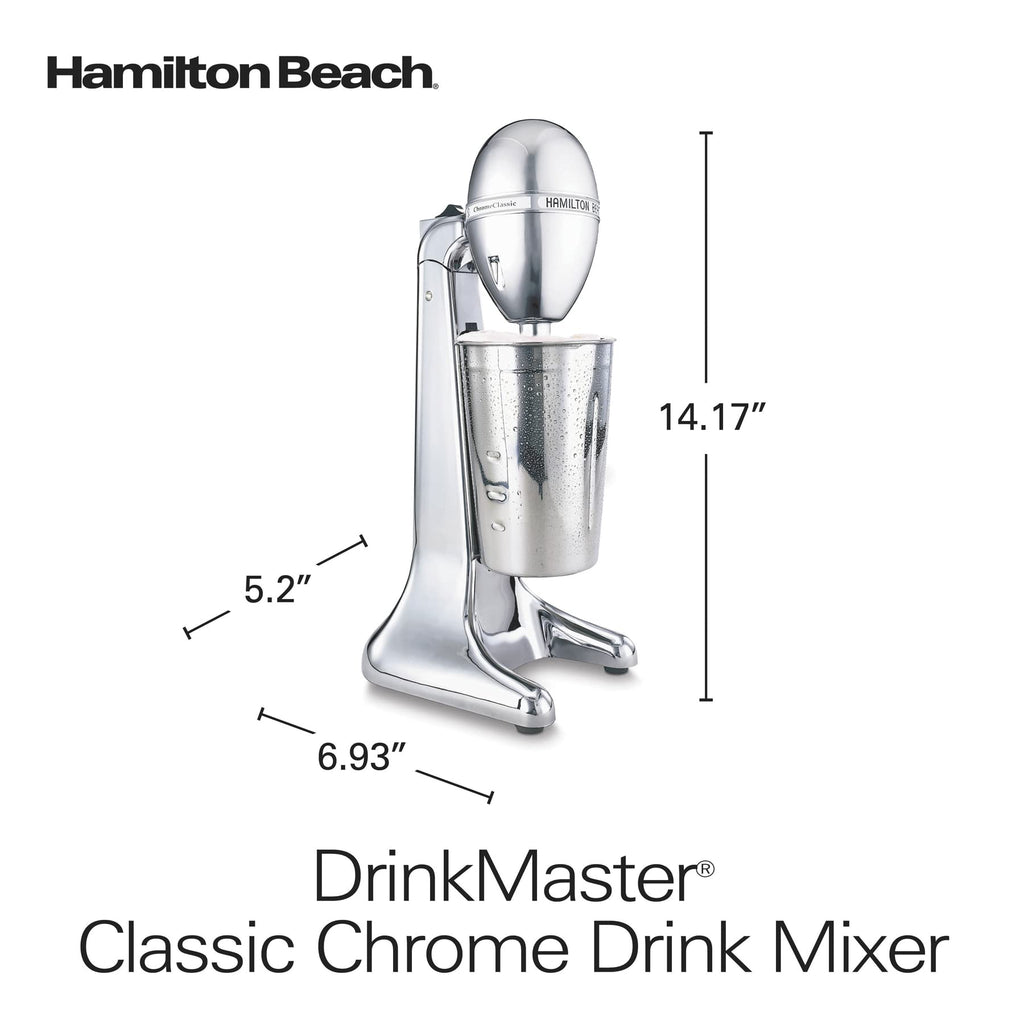 Hamilton Beach DrinkMaster elektryczny mikser do napojów, retro shake i spieniacz do mleka, 2 prędkości, bardzo duży kubek ze stali nierdzewnej o pojemności 28 uncji, klasyczny chrom
