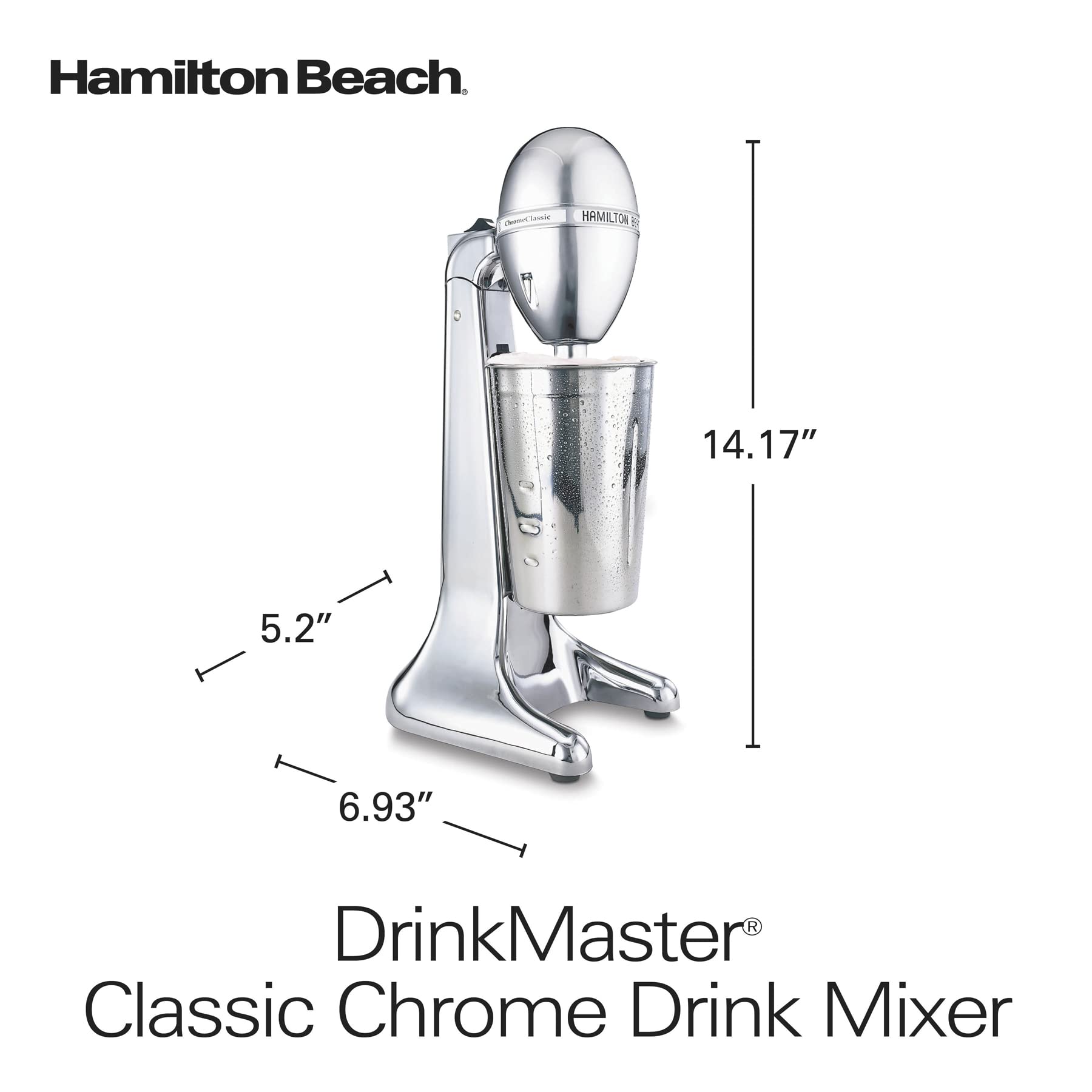 Hamilton Beach DrinkMaster elektryczny mikser do napojów, retro shake i spieniacz do mleka, 2 prędkości, bardzo duży kubek ze stali nierdzewnej o pojemności 28 uncji, klasyczny chrom
