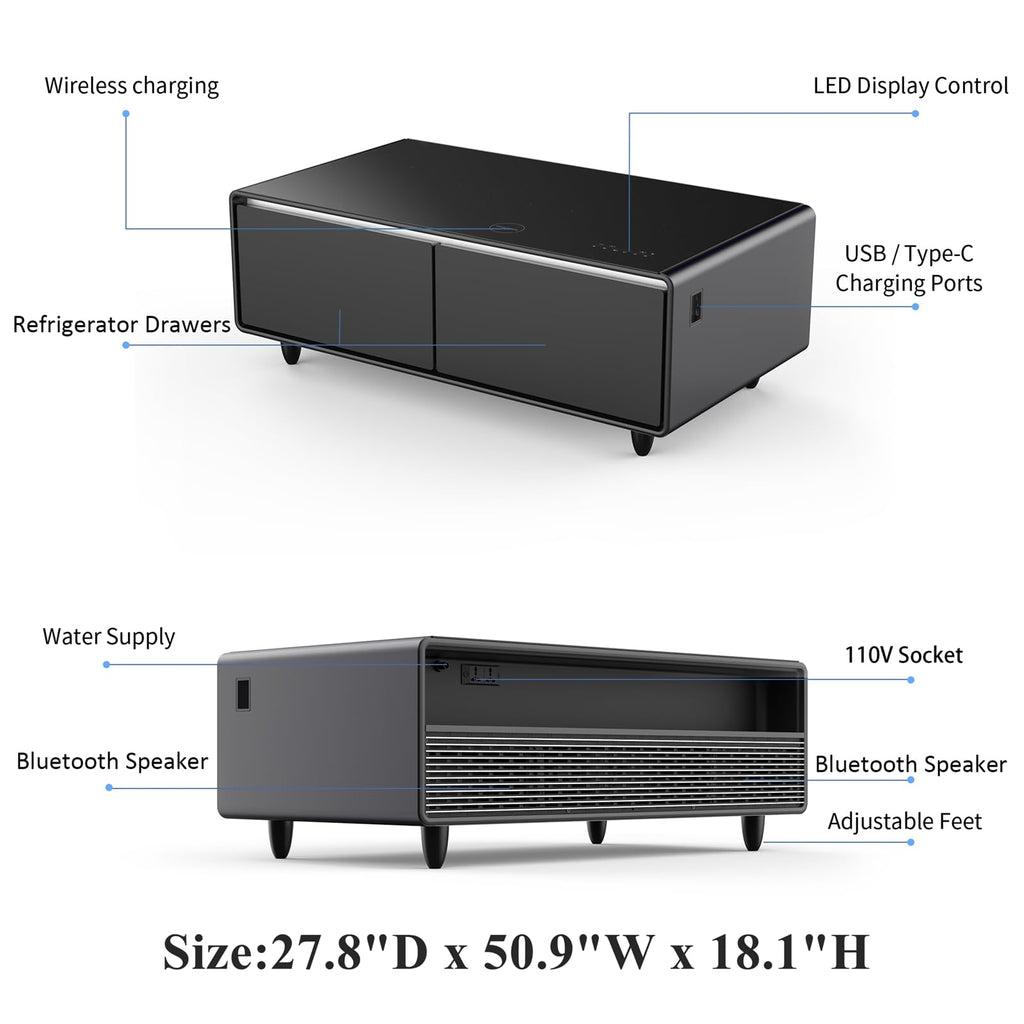 Gagawin Smart Coffee Table z lodówką i głośnikiem Bluetooth, Smart Refrigerator Table z ładowarką bezprzewodową, panelem sterowania dotykowego, gniazdem zasilania, portem USB, oświetleniem atmosferycznym (czarny, LT135 Pro)