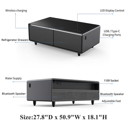 Gagawin Smart Coffee Table with Fridge and Bluetooth Speaker, Smart Refrigerator Table with Wireless Charger, Touch Control Panel, Power Socket, USB Port, Atmosphere Light (Black, LT135 Pro)