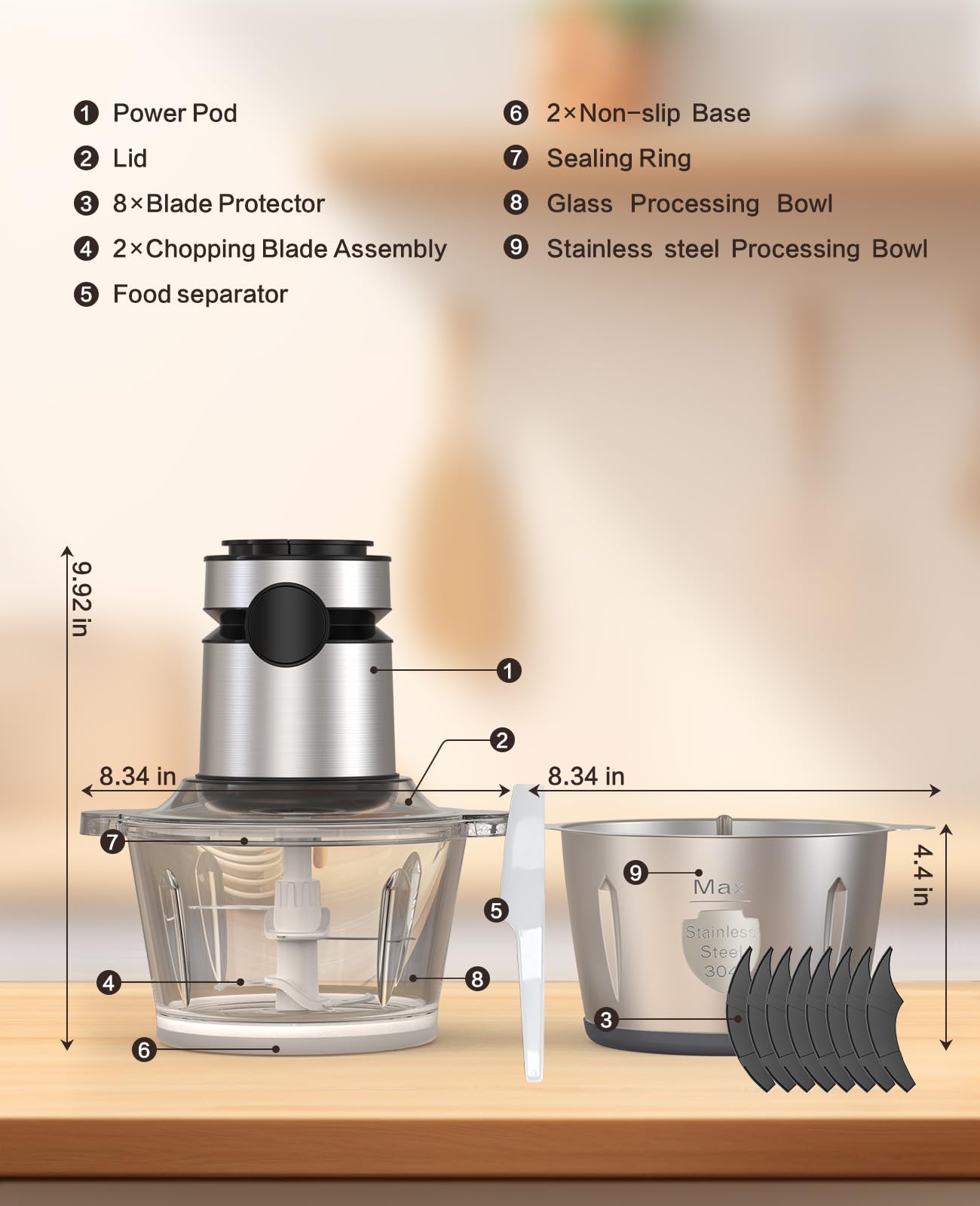 Electric Food Processor Chopper Meat Grinder - 8 Cup Veggie Chopper with 2 Bowls, 2-Speed, Bi-Level Blades, vegetable cutter For Vegetable, Nuts, Onion, Garlic, Baby Food & Family Use