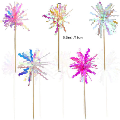 10 Pcs Happy Birthday Cake Toppers Foil Firework Cupcake Toppers Sparkle Tinsel Drink Stirrers Flowers Cake Decoration Cocktail Food Fruit Toothpick for Cake Decoration Party Supplies