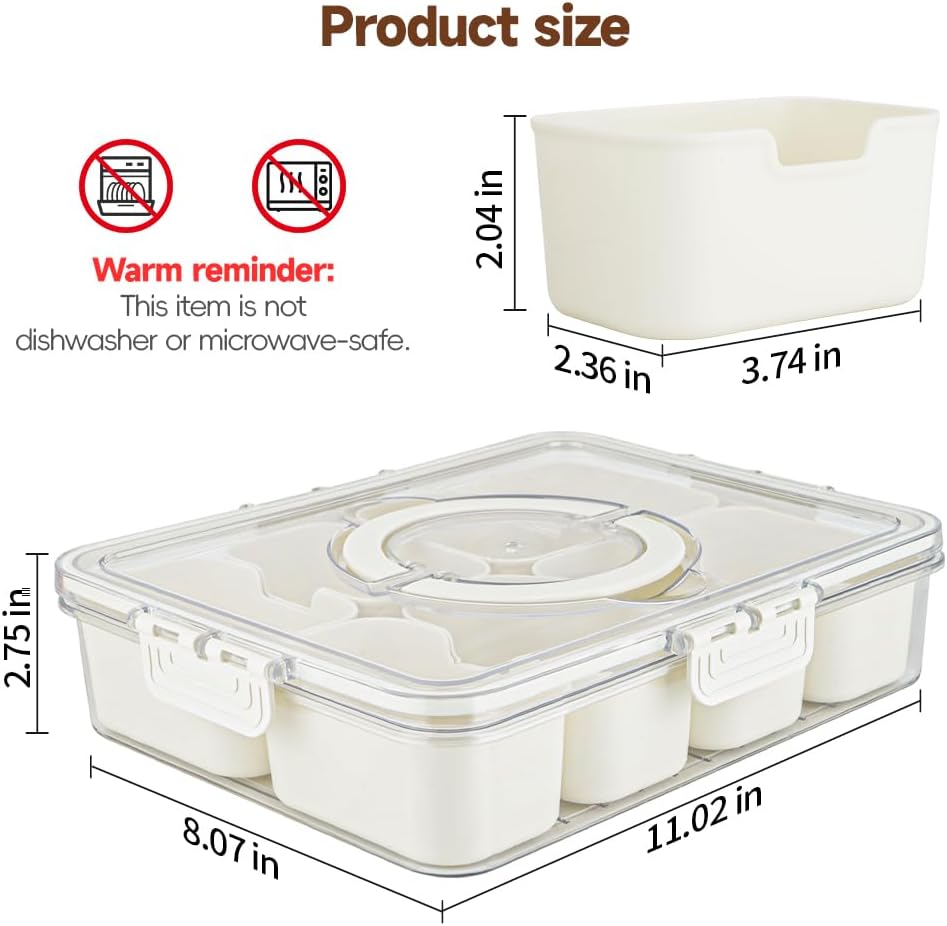 Snackle Box Container, 3rd Gen Vegetable Tray with Lid, Divided Serving Tray with Lid and Handle, 8 Compartment Veggie Platter, Snack Box Container, Food Organizer for Nuts, Candy, Fruits
