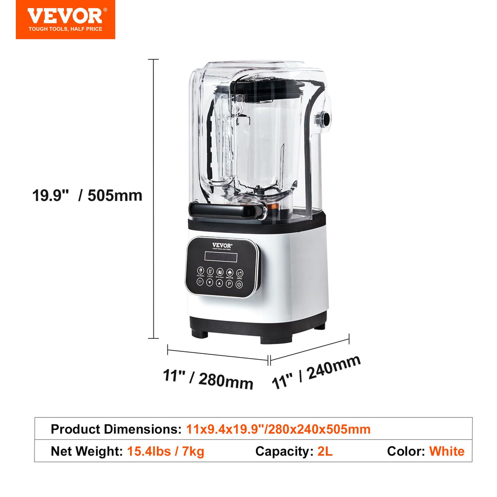 Blender VEVOR Professional z osłoną, Blendery do użytku komercyjnego, Blender kombinowany o pojemności 68 uncji, Blender ze stali nierdzewnej, 9 prędkości i 5 funkcji, do koktajli, smoothie, koktajli i kruszenia lodu, biały