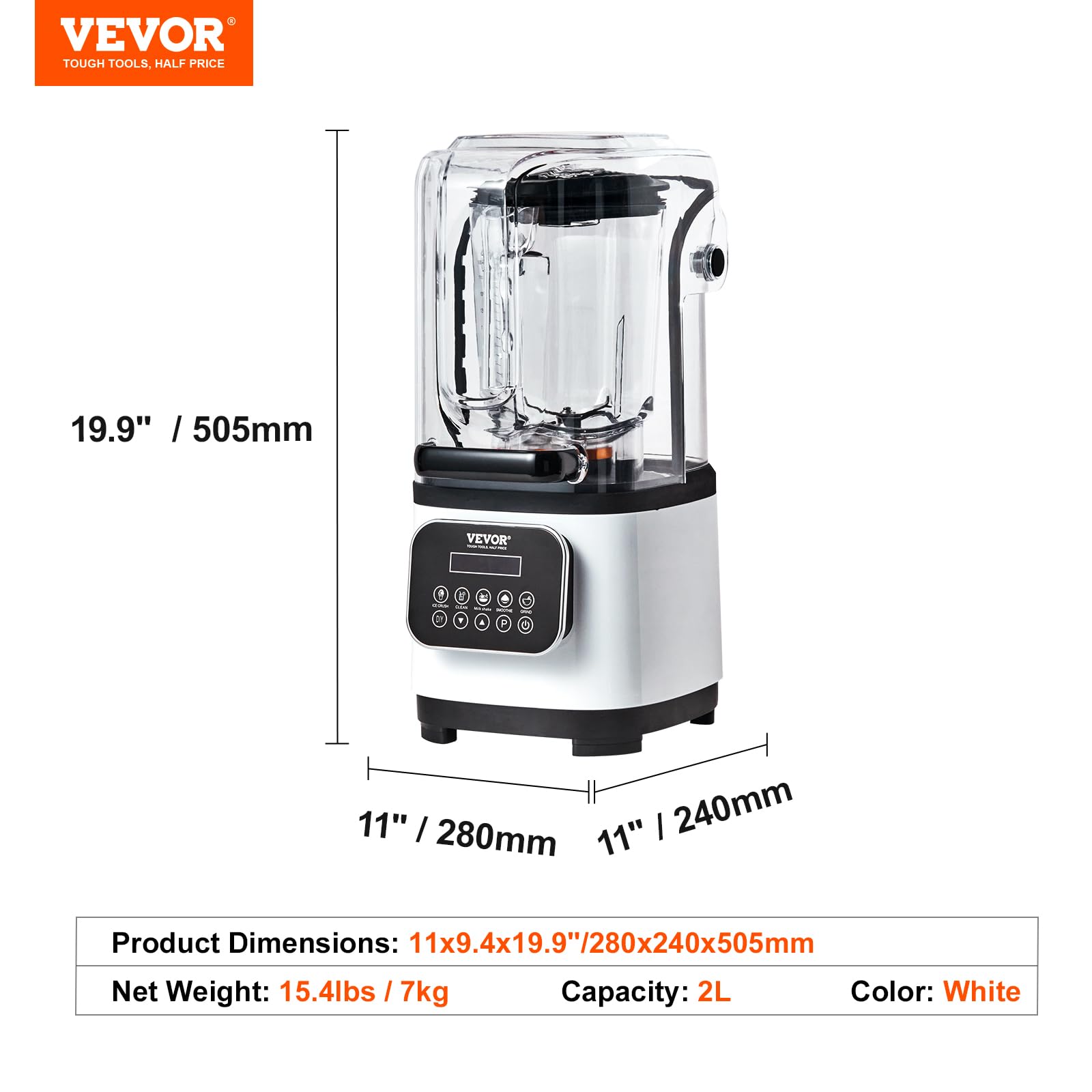 Blender VEVOR Professional z osłoną, Blendery do użytku komercyjnego, Blender kombinowany o pojemności 68 uncji, Blender ze stali nierdzewnej, 9 prędkości i 5 funkcji, do koktajli, smoothie, koktajli i kruszenia lodu, biały