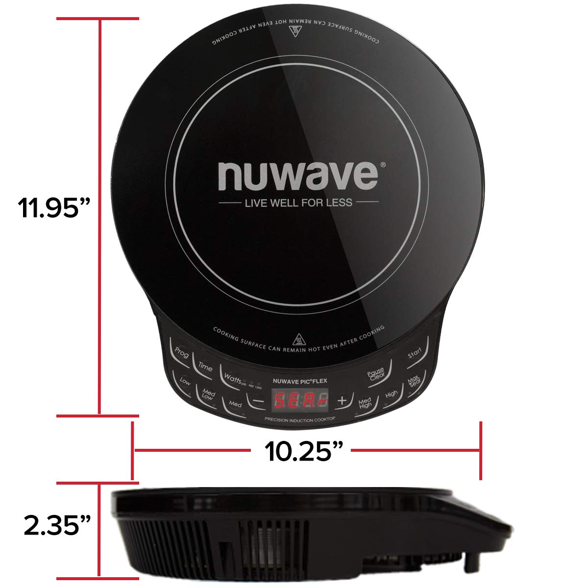 Індукційна варильна поверхня Nuwave Precision, ударостійке склокерамічне скло 10,25 дюйма, нагрівальна спіраль 6,5 дюйма, 45 температур від 100°F до 500°F, 3 режими потужності: 600, 900 та 1300 Вт
