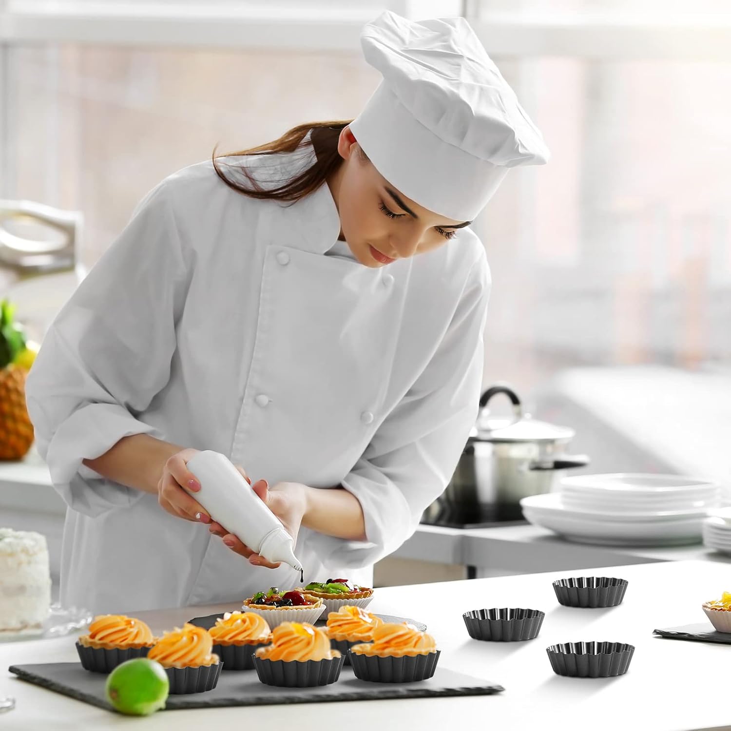 Tessco 16 Pieces Mini Tart Pans with Removable Bottom Nonstick Quiche Mini Pie Tart Pans Bakeware Mold Fluted Side for Pies(Black Gray Round,3 Inch)