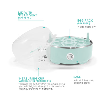 Elite Gourmet EGC115M Easy Egg Cooker Electric 7-Egg Capacity, Soft, Medium, Hard-Boiled Egg Cooker with Auto Shut-Off, Measuring Cup Included, BPA Free, Retro Mint