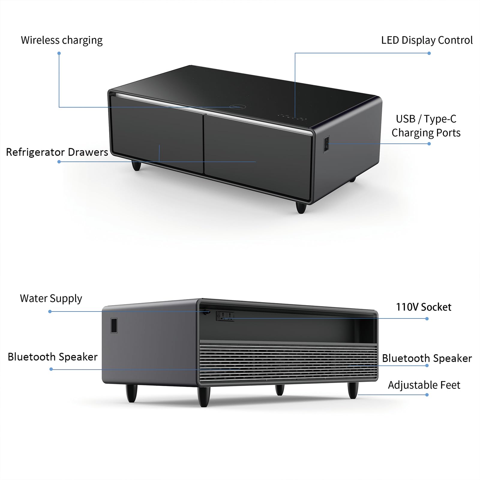 ACCOER 51in Smart Coffee Table with Built in Fridge, Living Room Table Bluetooth Sound and Wireless Charging, Type-C & USB Interface, Temperature Control, Modern Center Table with LED
