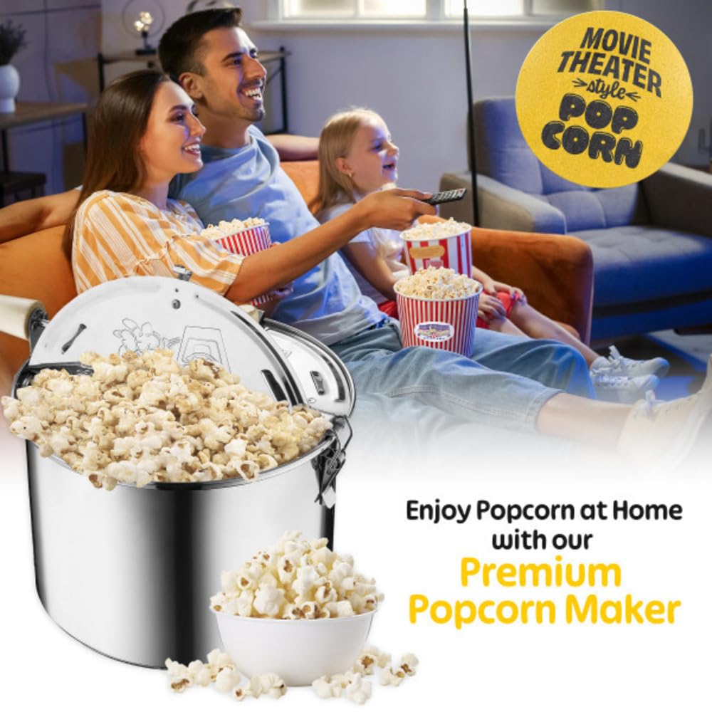 Maszyna do popcornu na kuchenkę - 6,5-kwartowa stal nierdzewna do popcornu z korbką ręczną, pokrywką z otworem wentylacyjnym i mieszadłem firmy Great Northern Popcorn (srebrna)