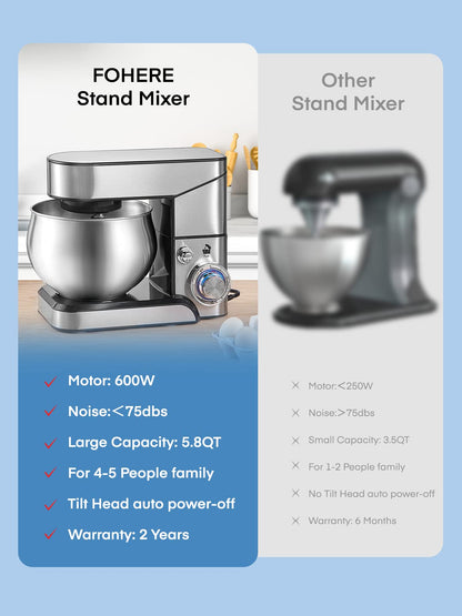 Stand Mixer FOHERE, 5.8 QT Stainless Steel Mixer with Dough Hook, Mixing Beater, Wire Whip, Dishwasher-safe, 6+P Speeds Tilt-Head Kitchen Dough Mixers for Cake, Electric Home Cooking Kitchen Mixer