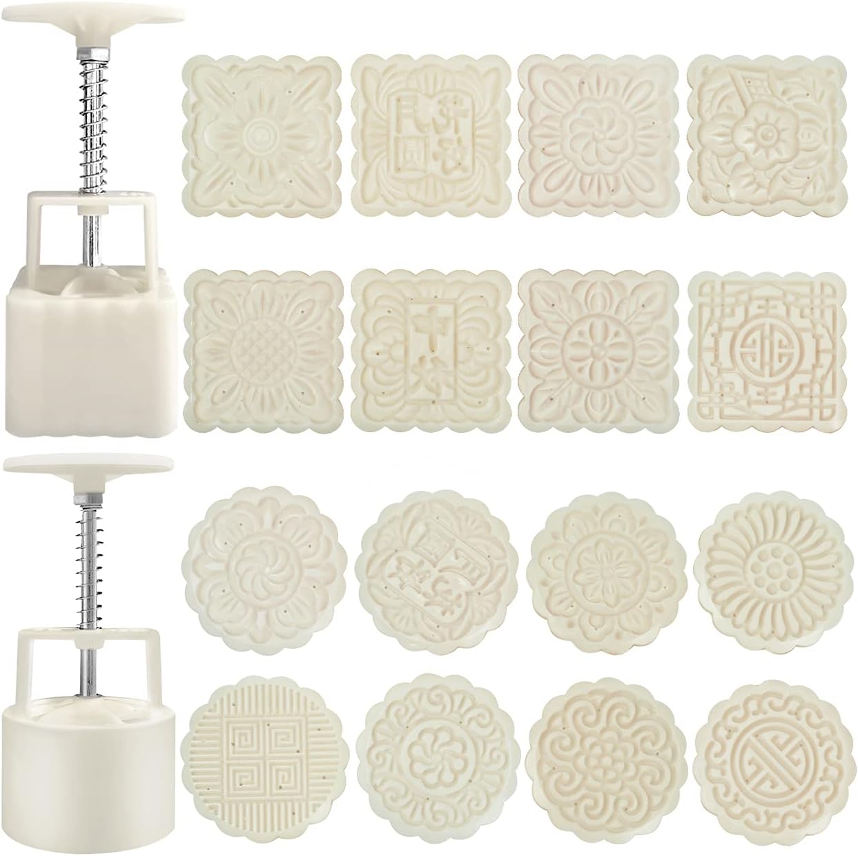 Chinese Traditional Mid-Autumn Mooncake Mold，Biscuit Stamping Machine，18 pcs 100g/125g Different Round And Square Flower Pattern For 2 Sets.