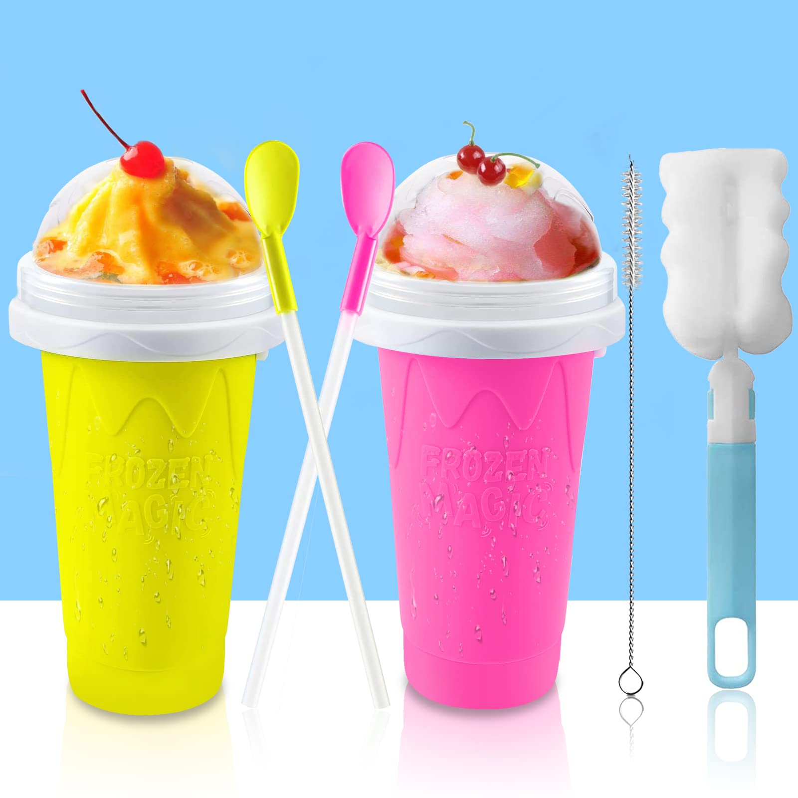 QwayHome 2PC Slushie Maker Cup,DIY Frozen Magic Slushy Cup,Double Layers Silica Smoothie Pinch Ice Cup,Quick Cooling Cup Homemade Milk Shake Ice Cream Maker (Yellow+Pink)