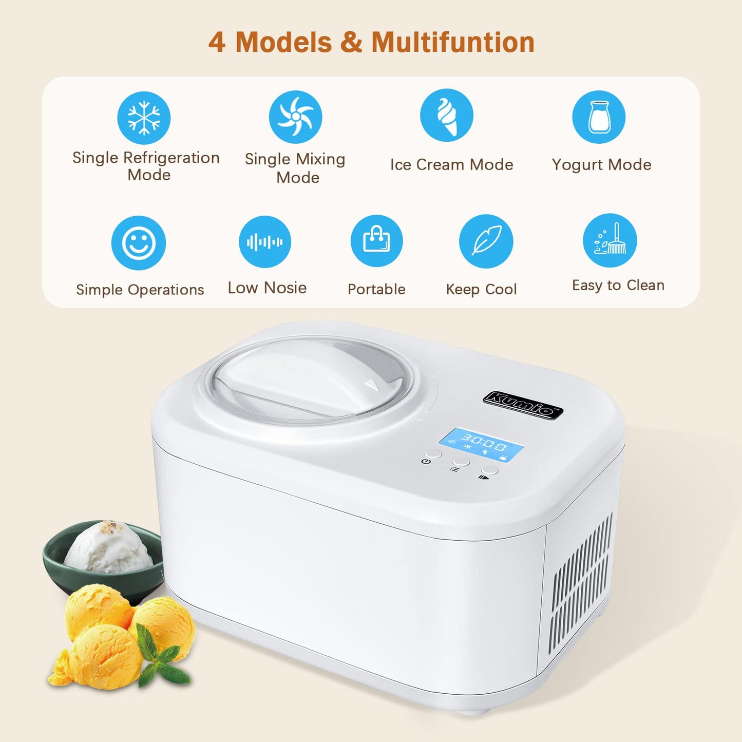 KUMIO 1.2-Quart Automatic Ice Cream Maker with Compressor, No Pre-freezing, 4 Modes Frozen Yogurt Machine with LCD Display & Timer, Electric Sorbet Maker Gelato Maker, Keep Cool Function