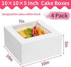 4 Pack Cake Boxes 10 Inch, Disposable Cake Transport Container, White Bakery Boxes with Large Window, for Cookies Pies Cupcakes Pastry (10×10×5 Inches)
