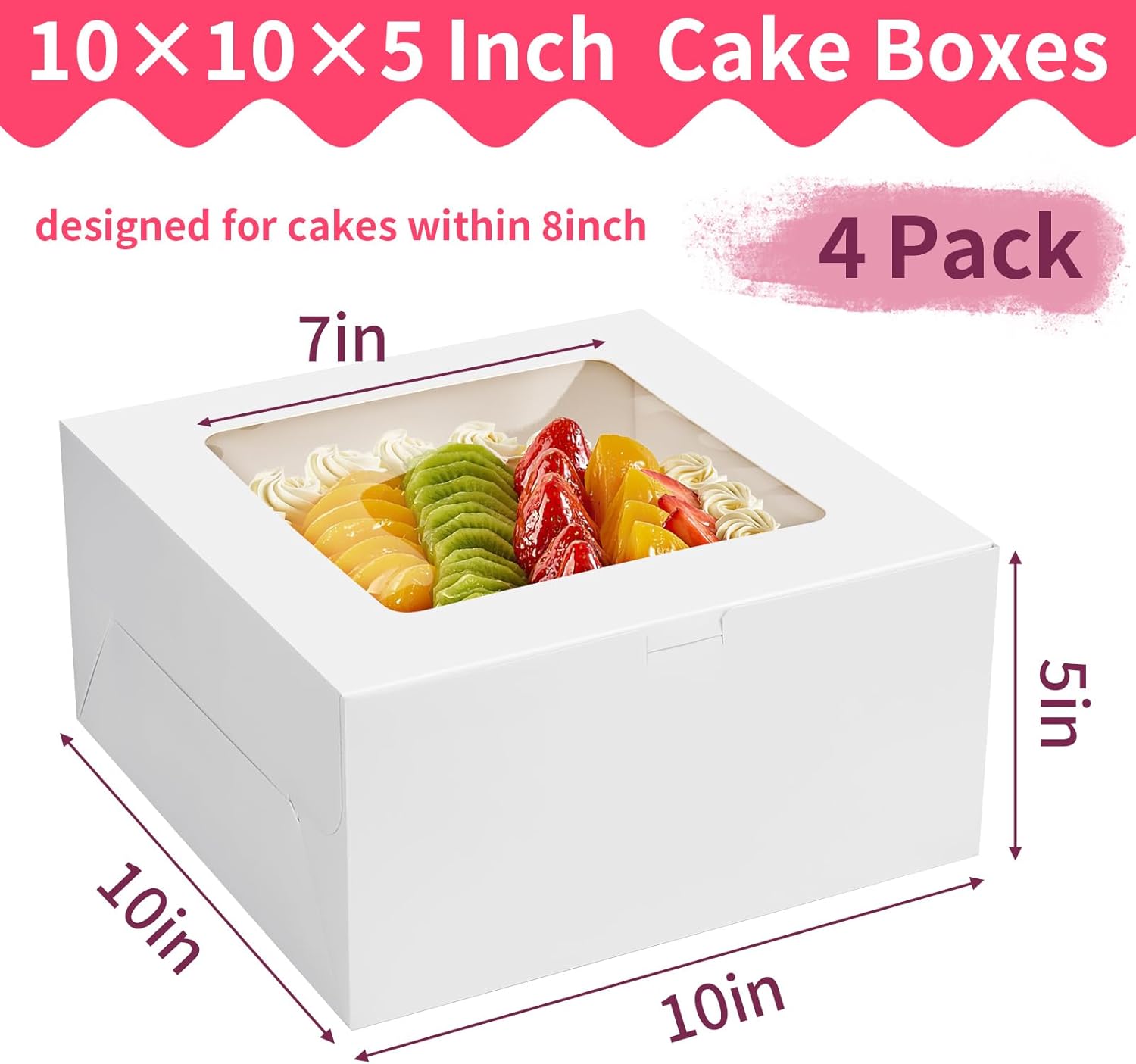 4 Pack Cake Boxes 10 Inch, Disposable Cake Transport Container, White Bakery Boxes with Large Window, for Cookies Pies Cupcakes Pastry (10×10×5 Inches)