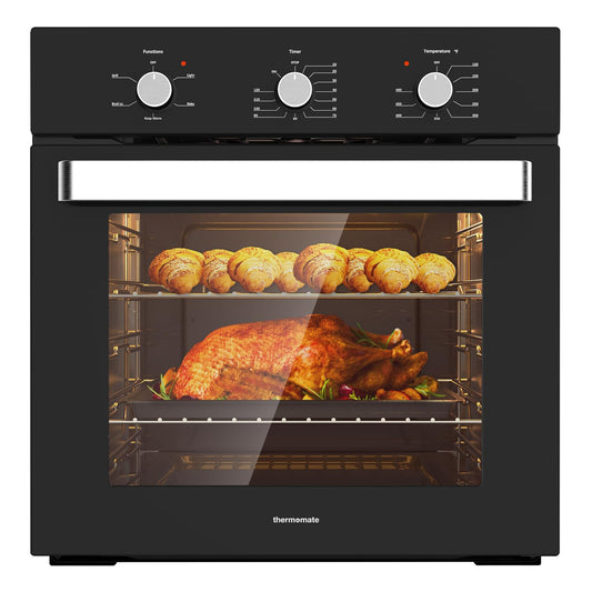 24 Inch Single Wall Oven, ETL Certified, thermomate 2.79 Cu. Ft. Built-in Electric Wall Oven with 5 Cooking Functions, Built-in Ovens with Mechanical Knobs Control, Black Tempered Glass Finish