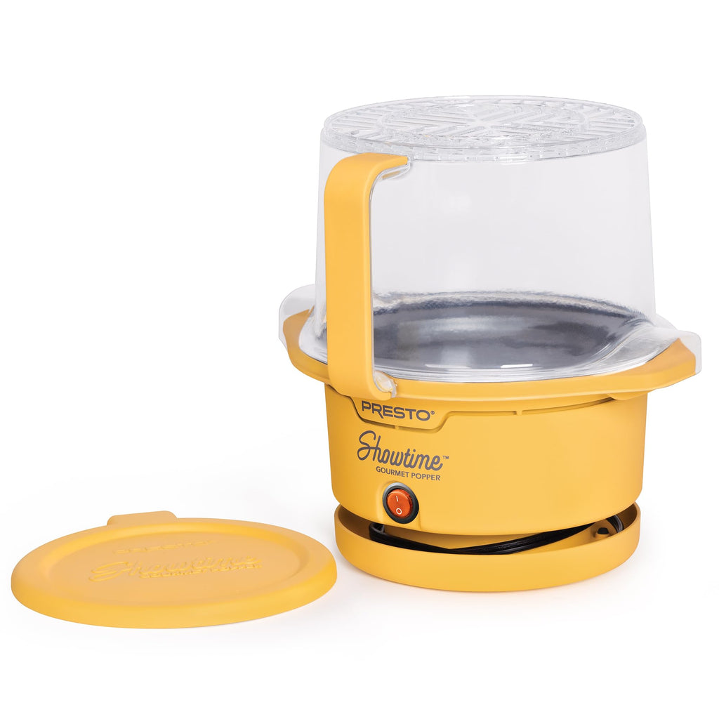 Presto 05206 Showtime Gourmet Oil Popcorn Popper - 9 filiżanek, wbudowana miska do serwowania, kompaktowa konstrukcja, ceramiczna powłoka zapobiegająca przywieraniu, bez PFAS, żółty