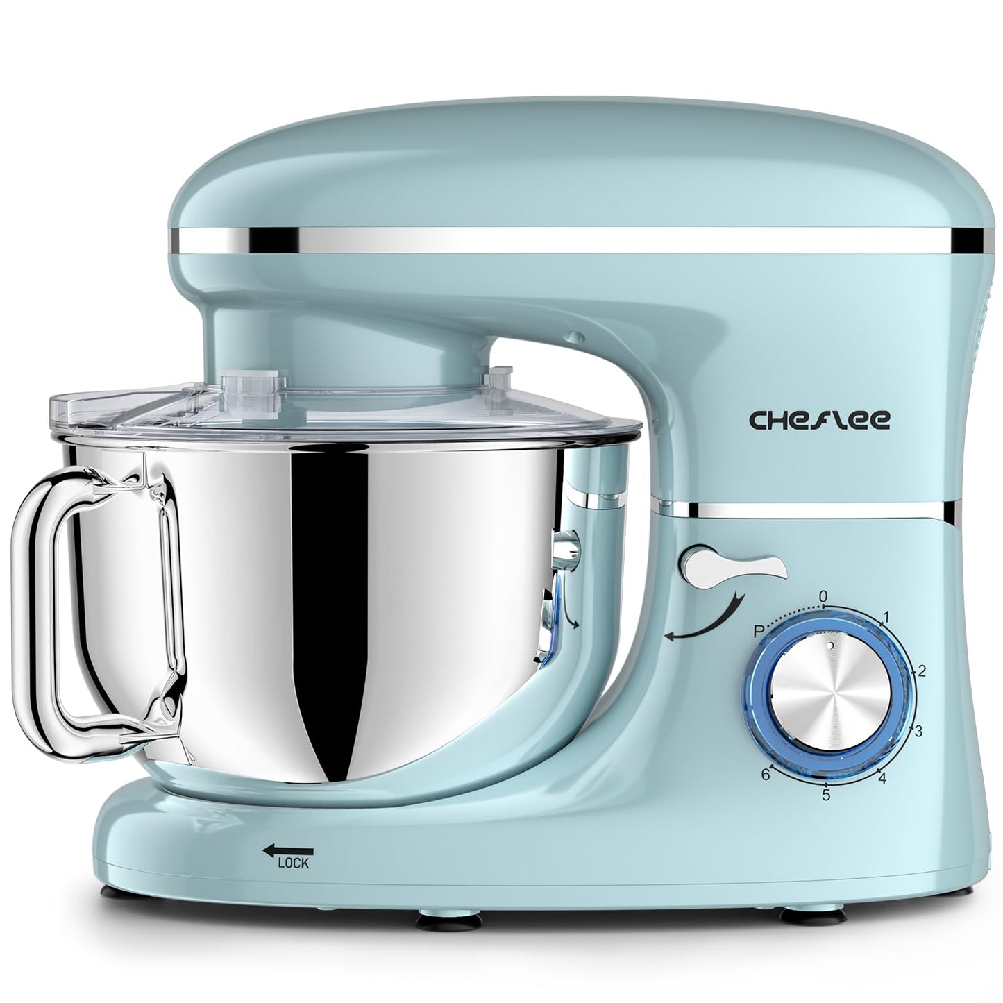 CHeflee Stand Mixer,600W 6+P With 6.5QT Stainless Steel Bowl,Dough Hook, Wire Whip & Beater,for Most Home Cooks,Blue