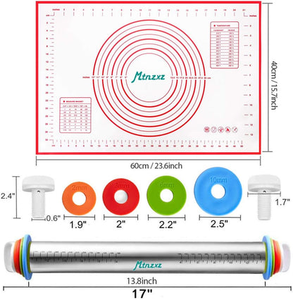 Rolling Pin and Silicone Baking Pastry Mat Set, Stainless Steel Dough Roller, Rolling Pins with Adjustable Thickness Rings, for Baking Fondant, Pizza, Pie, Pastries, Pasta, Cookies