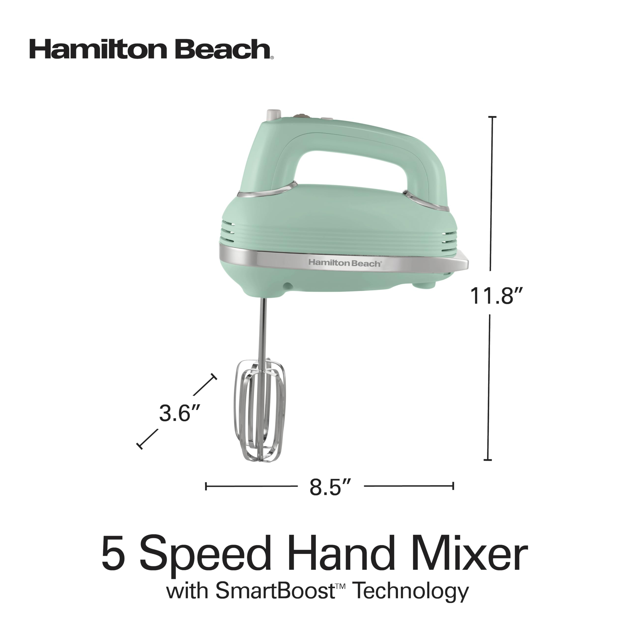 Hamilton Beach Vintage-Style 5-biegowy elektryczny mikser ręczny, mocny silnik prądu stałego 1,3 A do łatwego mieszania i stałej prędkości gęstych składników, powolny start, ubijaczki i trzepaczka, zielony (62601N)