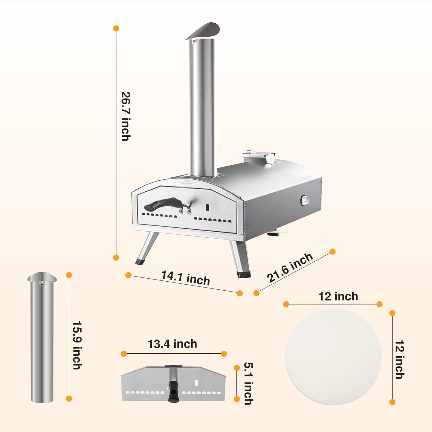 PolarcoForgeco Pizza Oven Outdoor Wood-Fired - 12 Inch Outdoor Pizza Oven with Rotatable Pizza Stone, Portable Stainless Steel Pellet Pizza Maker for Outside Backyard Camping - Silver