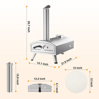 PolarcoForgeco Pizza Oven Outdoor Wood-Fired - 12 Inch Outdoor Pizza Oven with Rotatable Pizza Stone, Portable Stainless Steel Pellet Pizza Maker for Outside Backyard Camping - Silver