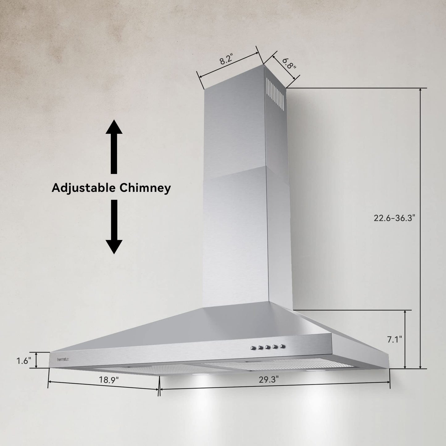 Hermitlux Range Hood 30 inch Stainless Steel, Wall Mount Vent Hood for Kitchen with Charcoal Filter, Ducted/Ductless Convertible